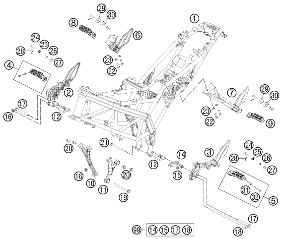 Despiece original completo de Chasis del modelo de KTM 125 DUKE del año 2011