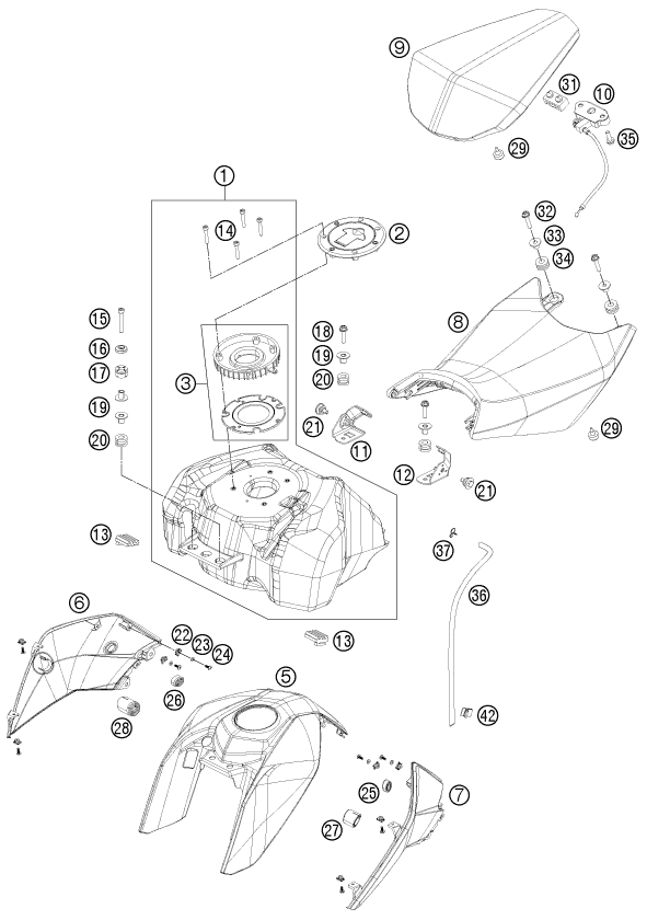 Despiece original completo de Depósito, asiento del modelo de KTM 125 DUKE del año 2011