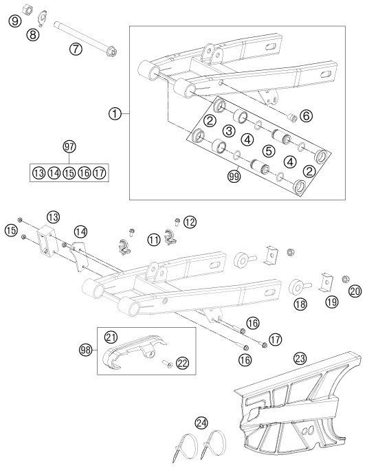 Despiece original completo de Basculante del modelo de KTM 50 SX del año 2015