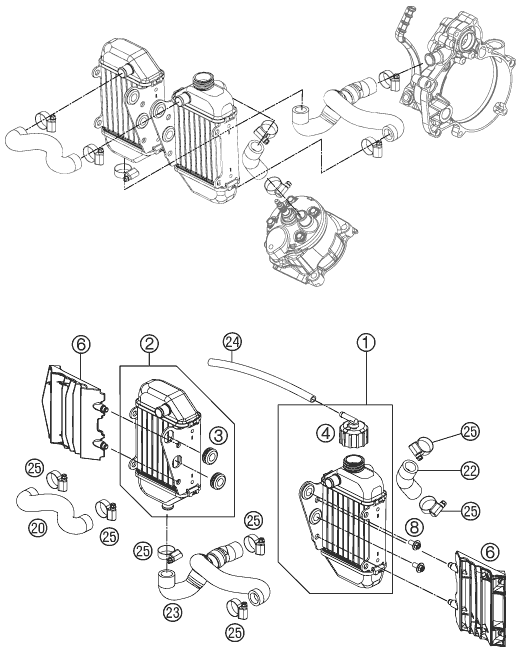 Despiece original completo de Sistema de refrigeración del modelo de KTM 50 SX MINI del año 2016