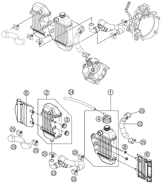 Despiece original completo de Sistema de refrigeración del modelo de KTM 50 SX del año 2012