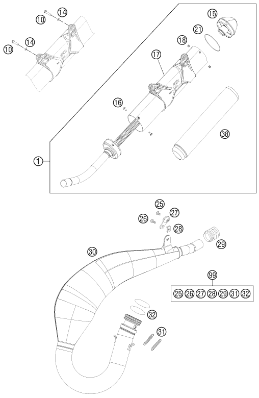 Despiece original completo de Sistema de escape del modelo de KTM 125 EXC FACTORY EDITION del año 2015