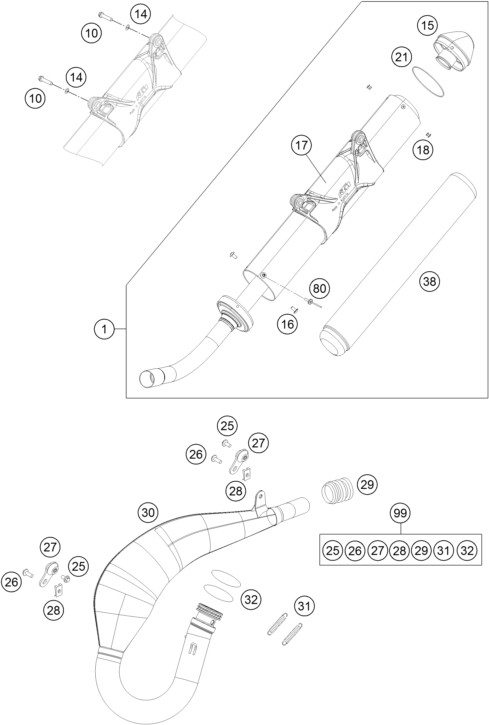 Despiece original completo de Sistema de escape del modelo de KTM 200 EXC del año 2015