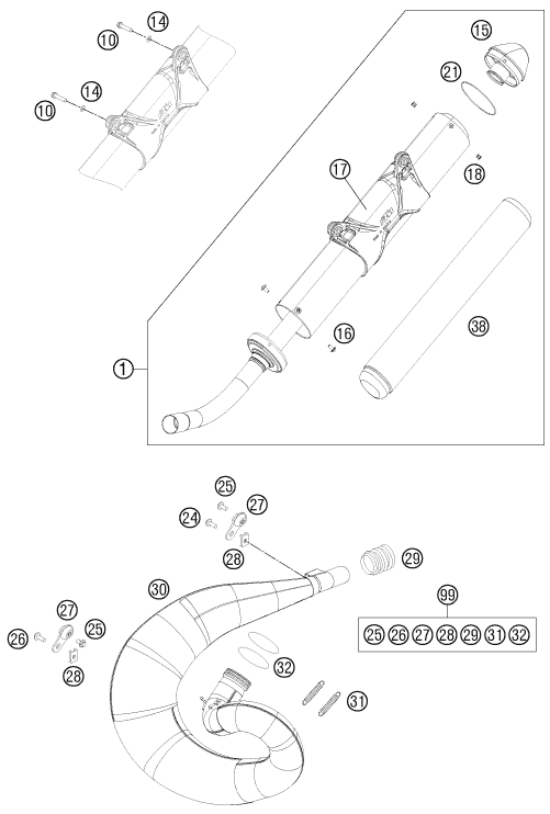 Despiece original completo de Sistema de escape del modelo de KTM 250 XC del año 2015