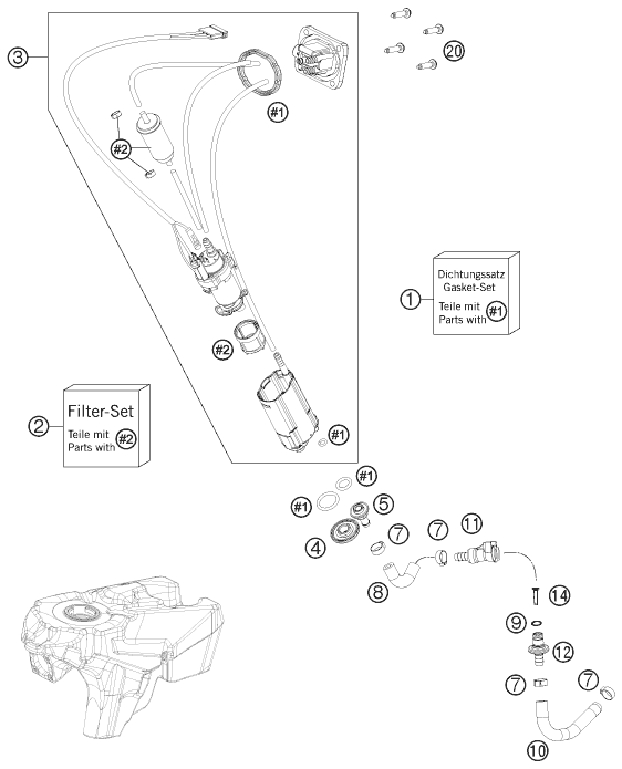 Despiece original completo de Bomba de combustible del modelo de KTM FREERIDE 350 del año 2015