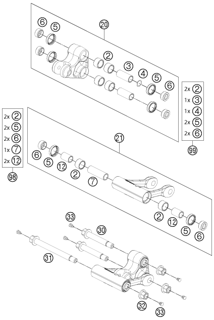 Despiece original completo de Articulación pro lever del modelo de KTM 690 DUKE WHITE ABS del año 2014