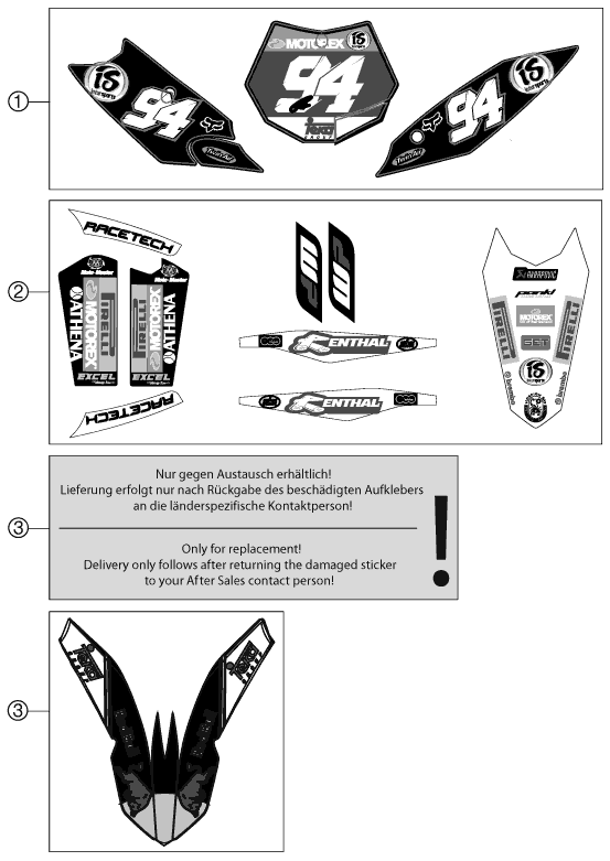 Despiece original completo de Kit gráficos del modelo de KTM 250 SX-F ROCZEN  REPLICA del año 2012