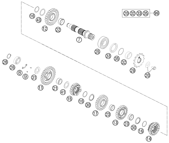 Despiece original completo de Cambio de marchas II - árbol secundario del modelo de KTM 350 EXC-F FACTORY EDITION del año 2015