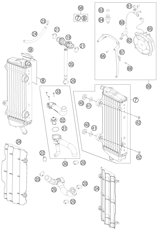 Despiece original completo de Sistema de refrigeración del modelo de KTM 350 EXC-F del año 2012