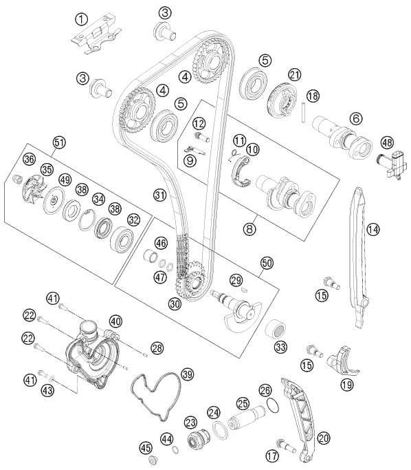Despiece original completo de Mando de las válvulas del modelo de KTM FREERIDE 350 del año 2014