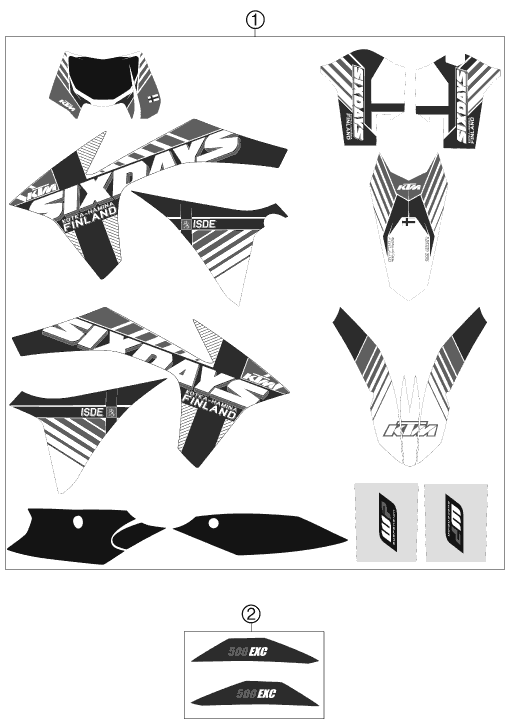 Despiece original completo de Kit gráficos del modelo de KTM 500 EXC SIX DAYS del año 2012