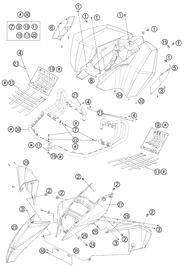Despiece original completo de Máscara, guardabarros del modelo de KTM 505 SX ATV del año 2012
