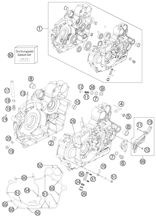 Despiece original completo de Carter del motor del modelo de KTM 525 XC ATV del año 2012