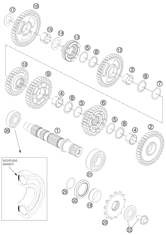 Despiece original completo de Cambio de marchas II - árbol secundario del modelo de KTM 525 XC ATV del año 2012