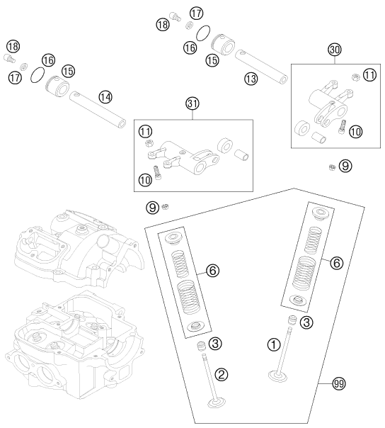 Despiece original completo de Accionamiento de válvula del modelo de KTM 525 XC ATV del año 2012