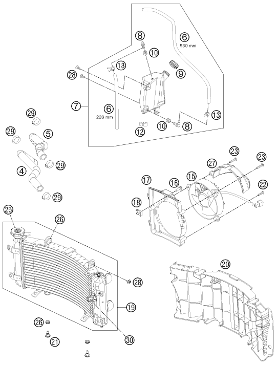 Despiece original completo de Sistema de refrigeración del modelo de KTM 505 SX ATV del año 2012