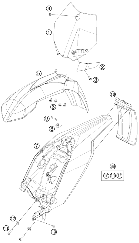 Despiece original completo de Máscara, guardabarros del modelo de KTM 65 SX del año 2013
