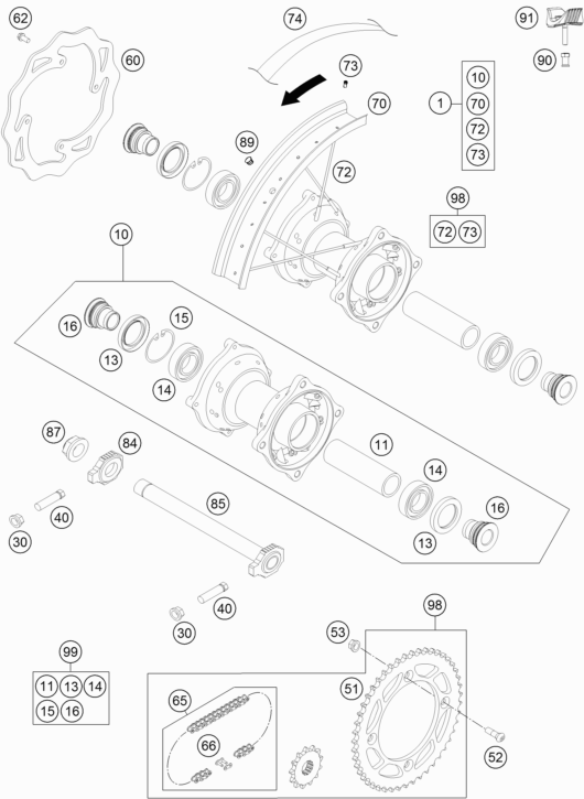 Despiece original completo de Rueda trasera del modelo de KTM 85 SX 19 16 del año 2013