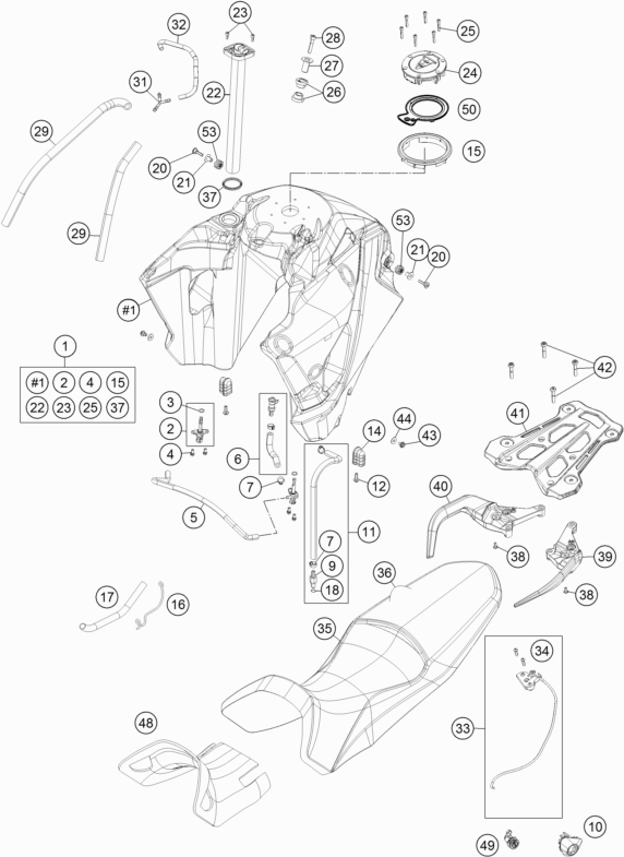 Despiece original completo de Depósito, asiento del modelo de KTM 1190 ADVENTURE R ABS del año 2013