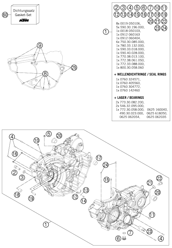 Despiece original completo de Carter del motor del modelo de KTM 250 EXC-F SIX DAYS del año 2015