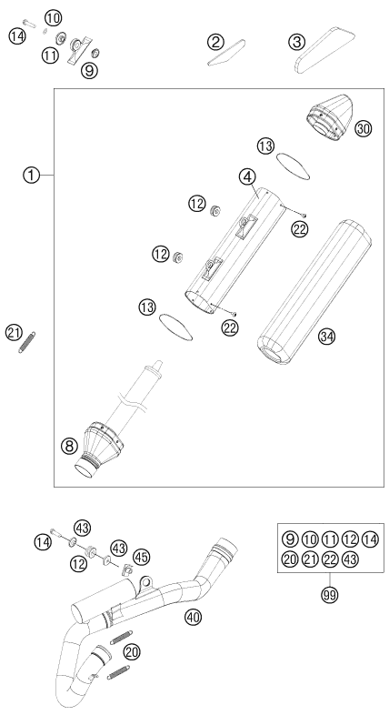 Despiece original completo de Sistema de escape del modelo de KTM 350 SX-F del año 2015