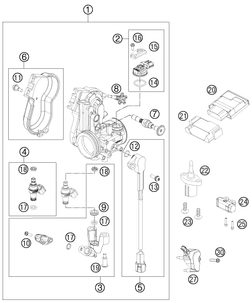 Despiece original completo de Cuerpo de la válvula de mariposa del modelo de KTM 350 SX-F del año 2015