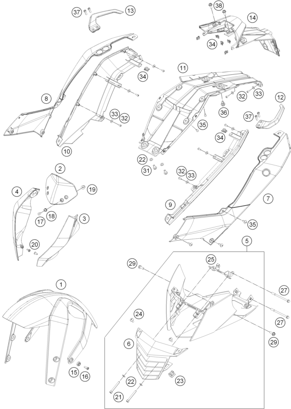 Despiece original completo de Máscara, guardabarros del modelo de KTM 125 DUKE WHITE ABS del año 2014