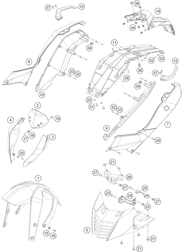 Despiece original completo de Máscara, guardabarros del modelo de KTM 390 DUKE WHITE ABS del año 2013