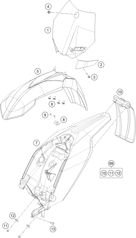 Despiece original completo de Máscara, guardabarros del modelo de KTM 65 SX del año 2015