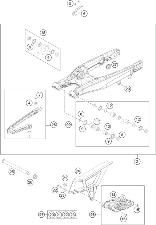 Despiece original completo de Basculante del modelo de KTM 250 EXC FACTORY EDITION del año 2015
