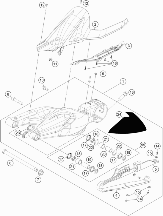 Despiece original completo de Basculante del modelo de KTM 1290 SUPERDUKE R ORANGE ABS del año 2015