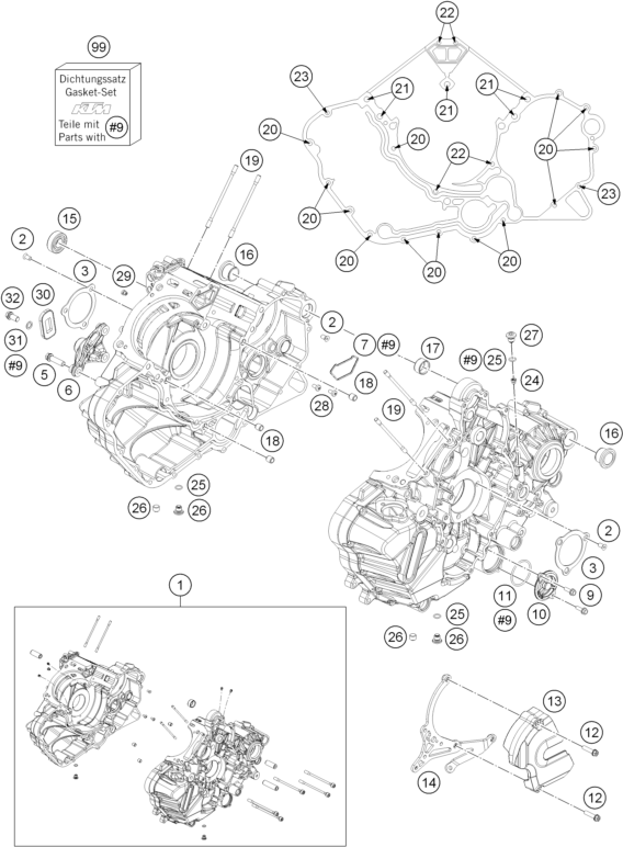 Despiece original completo de Carter del motor del modelo de KTM 1190 RC8 R WHITE del año 2014