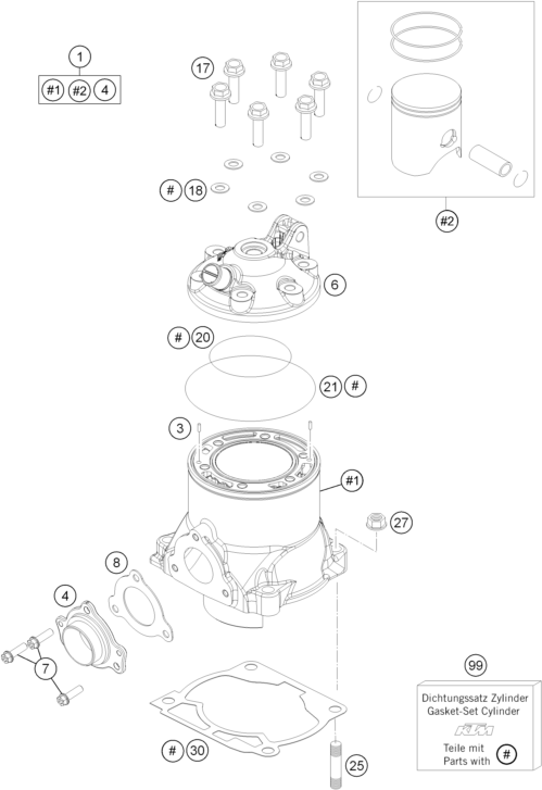 Despiece original completo de Cilindro, culata de cilindros del modelo de KTM FREERIDE 250 R del año 2014