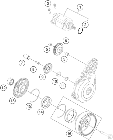 Despiece original completo de Motor de arranque eléctrico del modelo de KTM 350 EXC-F SIX DAYS del año 2016