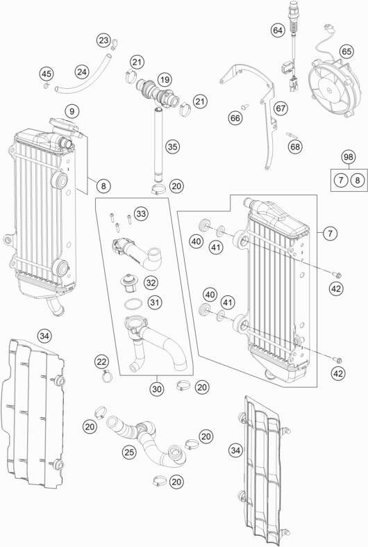 Despiece original completo de Sistema de refrigeración del modelo de KTM 250 EXC-F SIX DAYS del año 2015