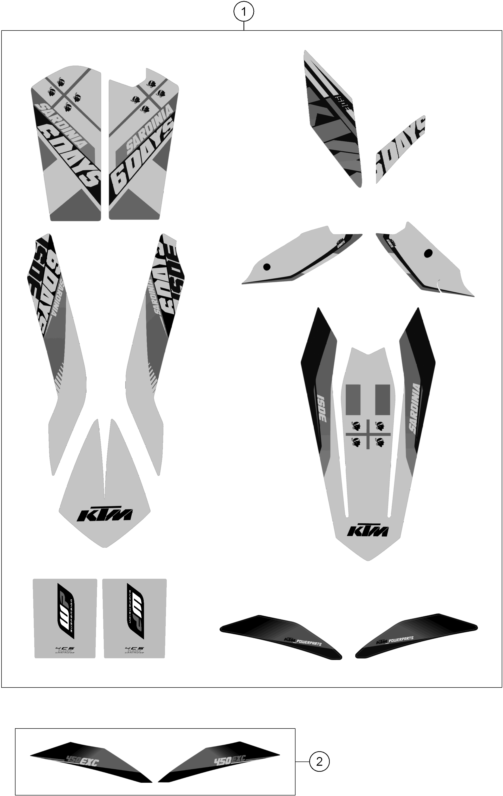 Despiece original completo de Kit gráficos del modelo de KTM 450 EXC SIX DAYS del año 2014