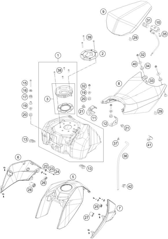Despiece original completo de Depósito, asiento del modelo de KTM 390 DUKE WHITE ABS del año 2014