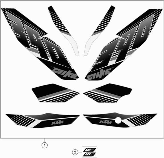 Despiece original completo de Kit gráficos del modelo de KTM 390 DUKE BLACK ABS del año 2014