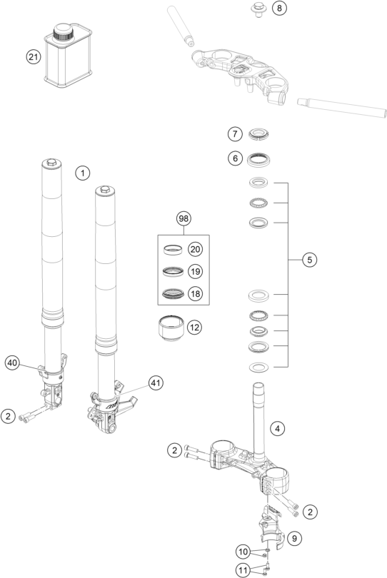Despiece original completo de Horquilla telescópica, pletina de dirección del modelo de KTM RC 390 white ABS del año 2014