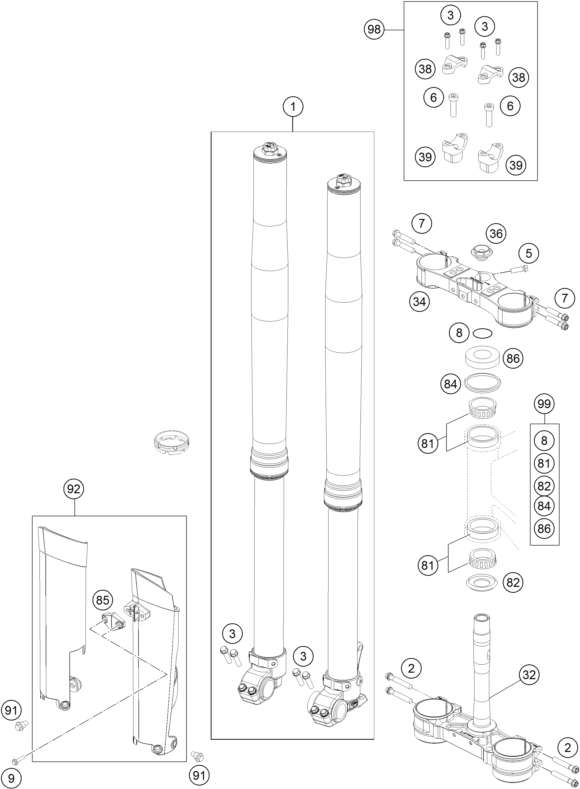 Despiece original completo de Horquilla telescópica, pletina de dirección del modelo de KTM 250 EXC FACTORY EDITION del año 2015