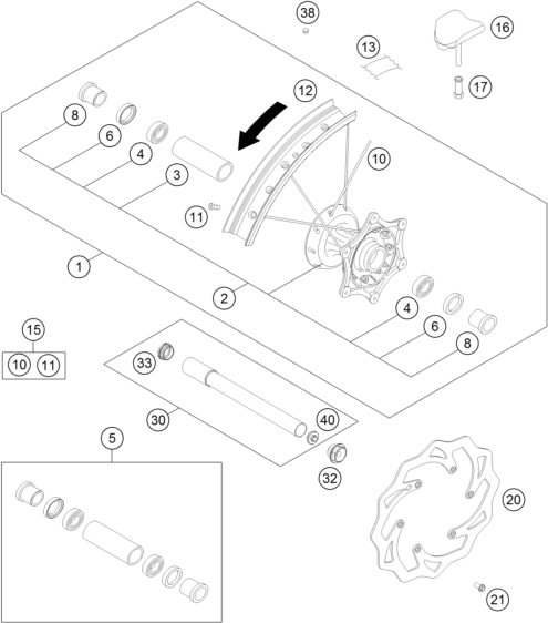 Despiece original completo de Rueda delantera del modelo de KTM 250 SX del año 2015