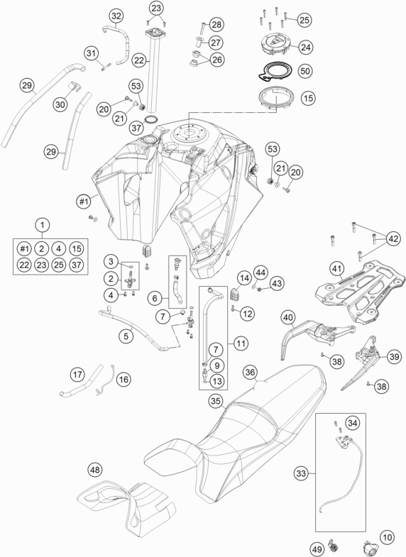 Despiece original completo de Depósito, asiento del modelo de KTM 1190 ADVENTURE R ABS del año 2016