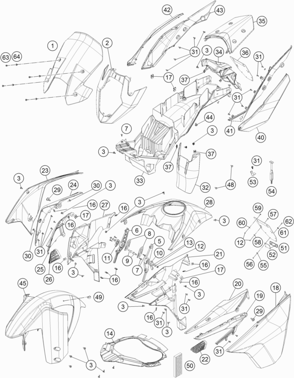 Despiece original completo de Máscara, guardabarros del modelo de KTM 1050 ADVENTURE ABS del año 2015