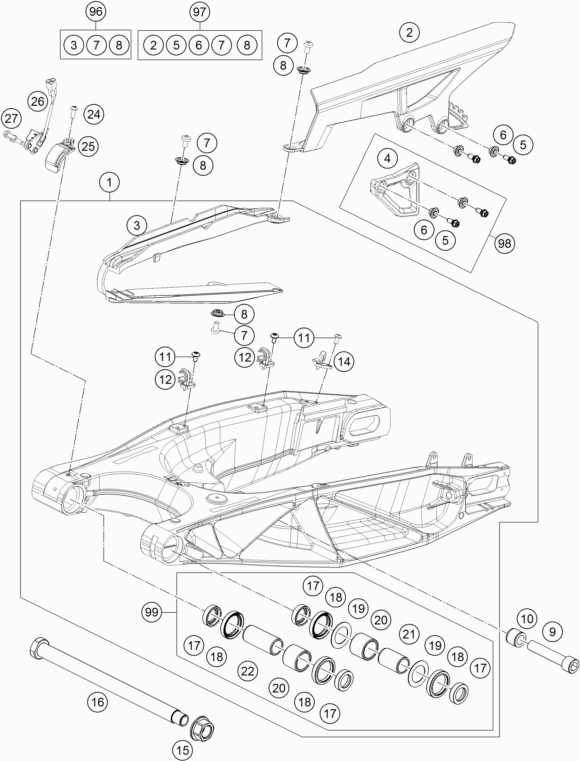 Despiece original completo de Basculante del modelo de KTM 1290 Super Adventure T del año 2017
