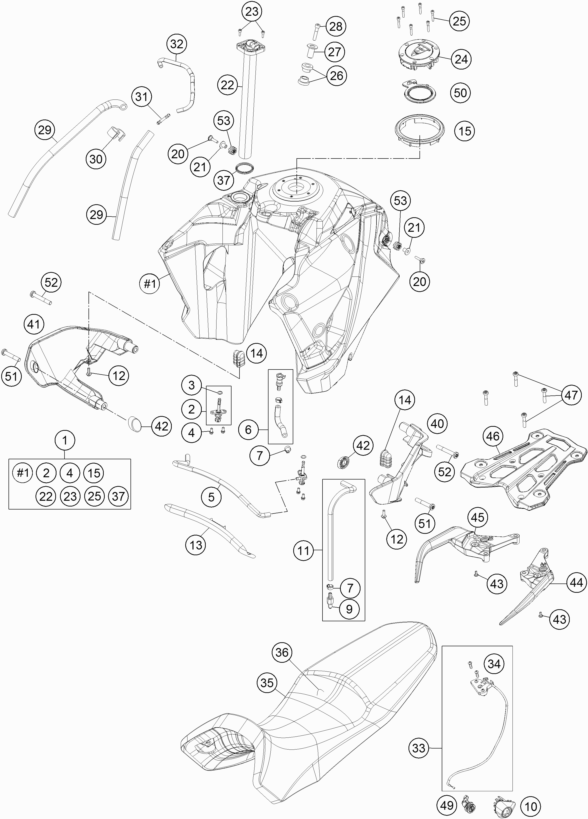 Despiece original completo de Depósito, asiento del modelo de KTM 1050 ADVENTURE ABS del año 2015
