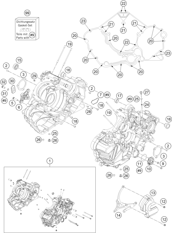 Despiece original completo de Carter del motor del modelo de KTM 1190 RC8 R WHITE del año 2015