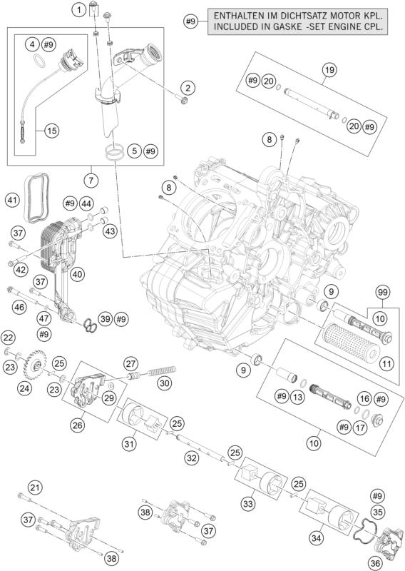 Despiece original completo de Sistema de lubricación del modelo de KTM 1190 RC8 R WHITE del año 2015