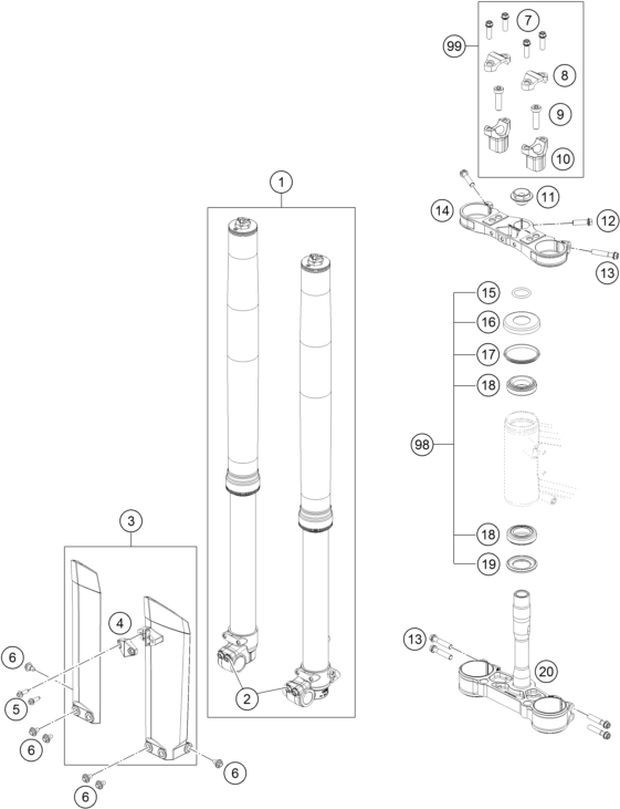 Despiece original completo de Horquilla telescópica, pletina de dirección del modelo de KTM FREERIDE  E-XC del año 2015