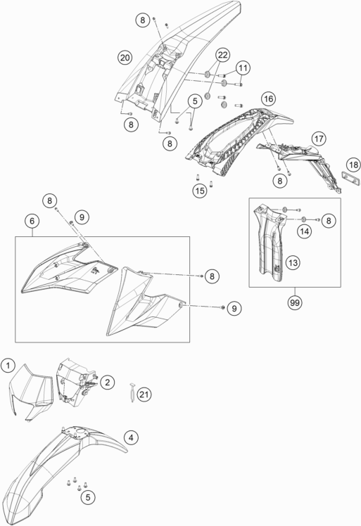 Despiece original completo de Máscara, guardabarros del modelo de KTM FREERIDE  E-SM del año 2016