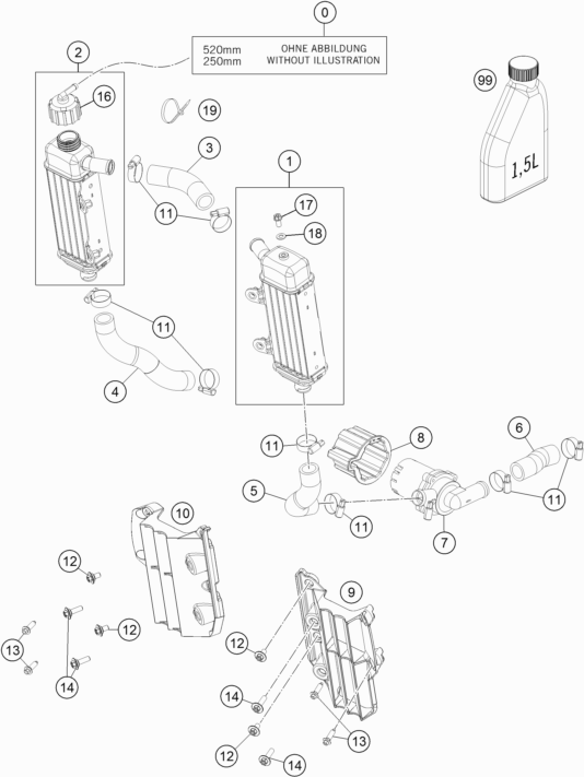 Despiece original completo de Sistema de refrigeración del modelo de KTM FREERIDE E-SX del año 2015